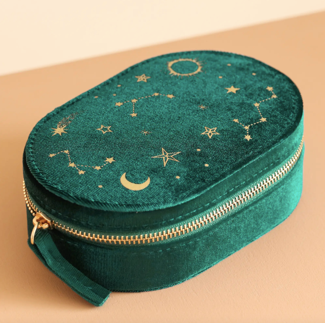 Starry Night Printed Velvet Oval Jewelry Case in Teal