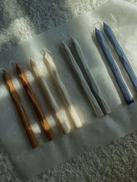 Hand carved Toffee tapered candlesticks. Vegan, soy wax