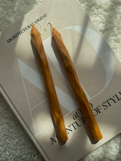 Hand carved Toffee tapered candlesticks. Vegan, soy wax