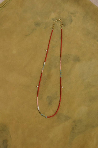 Dainty beaded necklace- in Cherry with turquoise and pearls