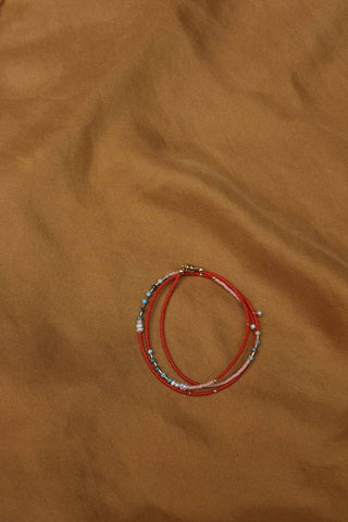 Wrap bracelet/necklace in cherry with turquoise and pearls
